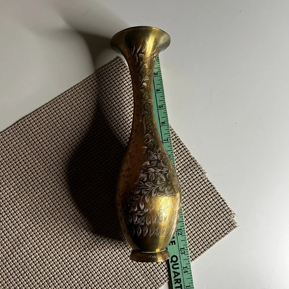 Vintage Etched Brass Bud Vase Hand Crafted Floral Pattern Made in India 8.5 Inch